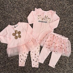Mini B Girl’s Matching Set 4pcs 2 pants 1 bodysuit 1 shirt pink gold glitter EUC